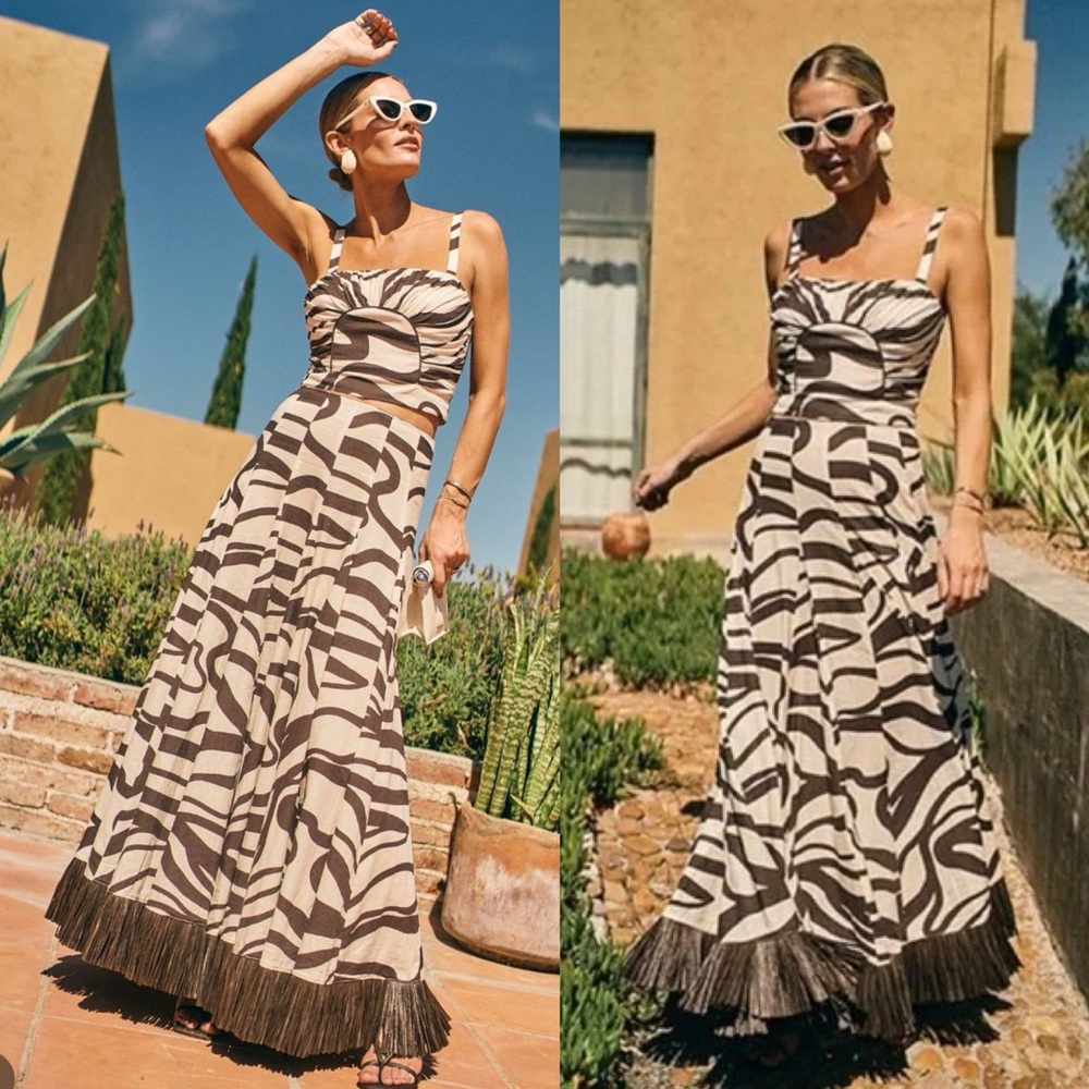 NWT ANTONIO MELANI Style Somers Swirl Print Linen Blend Straw Trim Two Piece Set - Picture 1 of 13